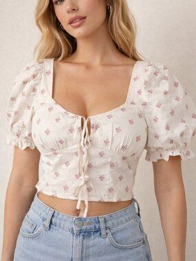 Glamorous Smock Crop Top - Size 6 - Puff Shoulder, Front Tie, Cream Floral, NWT